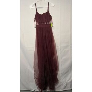 NWT Windsor Burgundy Tulle Cutout Waist Spaghetti Strap Formal Evening Gown S